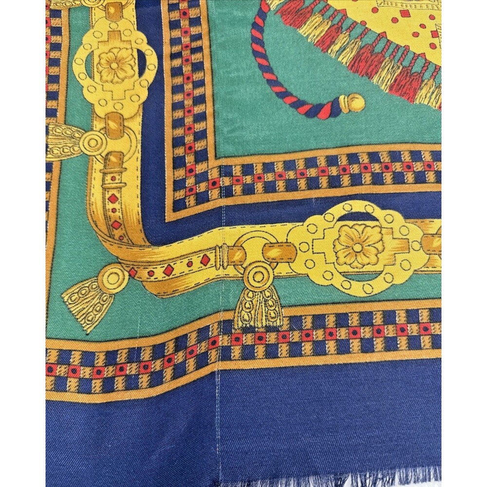 Equestrian Carriage Tassel Scarf Blue Gold Red Large 47x47 Square Vintage - Picture 3 of 7